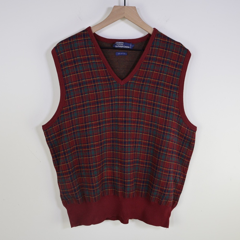 Vintage 90s Polo Ralph Lauren Plaid Sweater Vest Large Red Cotton Knit V-Neck